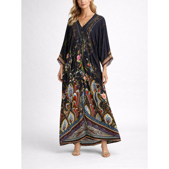 Camilla Wild Flower Dolman Sleeve Jersey Dress Womens Large Floral Maxi Kaftan